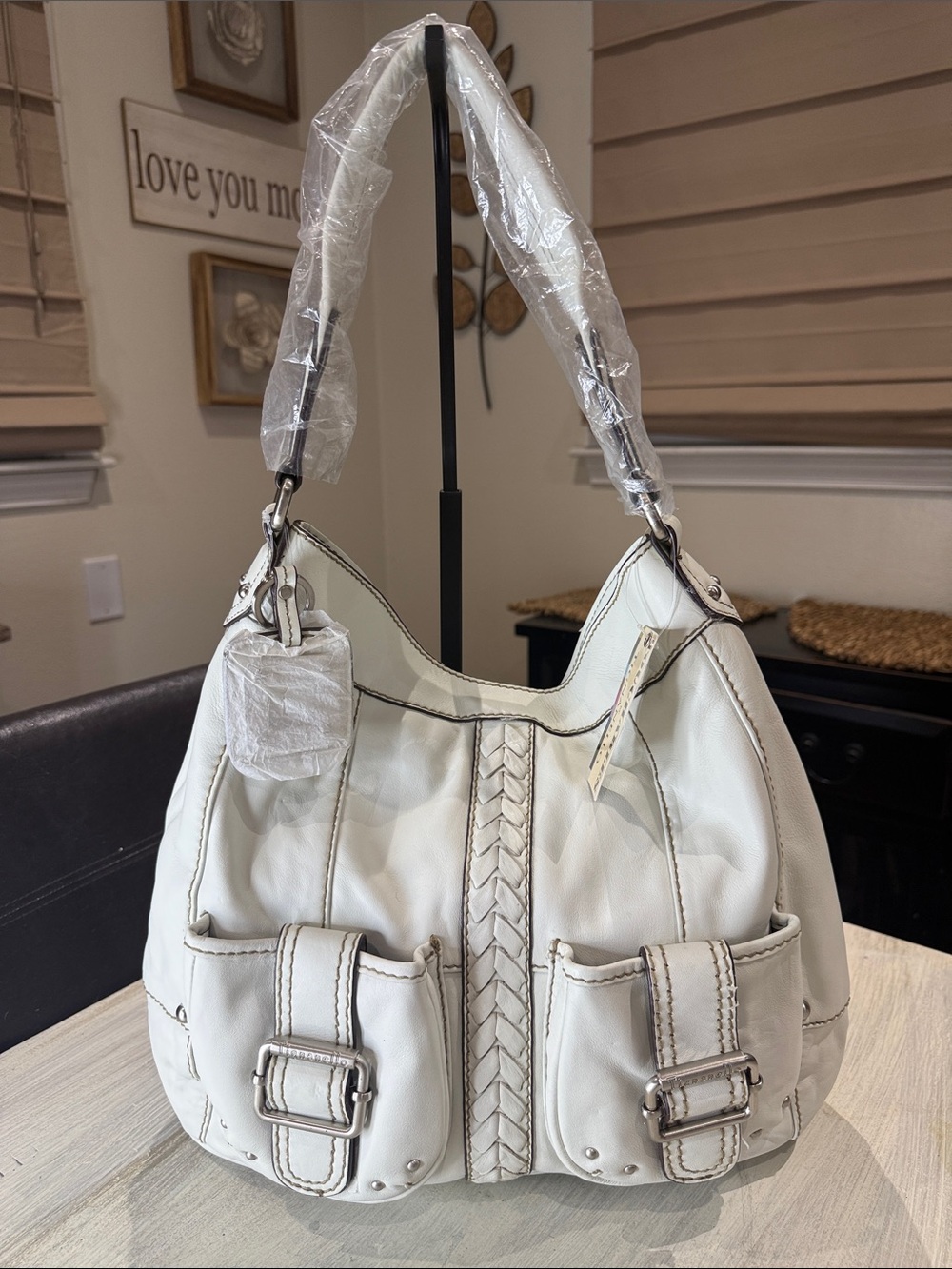 Vintage Y2K Tignanello White Leather Shoulder Hobo with Braided Detail